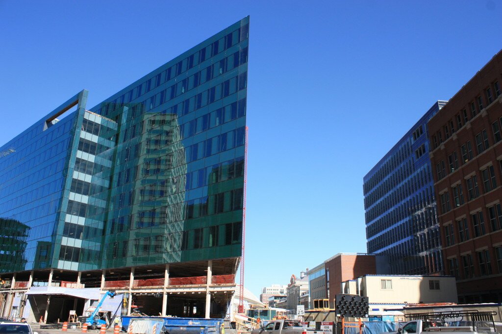Exterior view of the Triangle Building from 15th Street and Wewatta. 