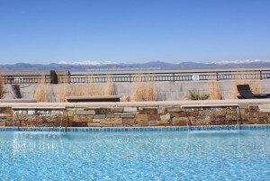 Salt water swimming pool with Mt. Evans in the distance.