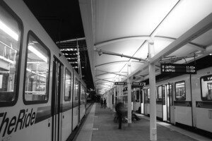 RTD light rail vehicles at Union Station spring 2015.